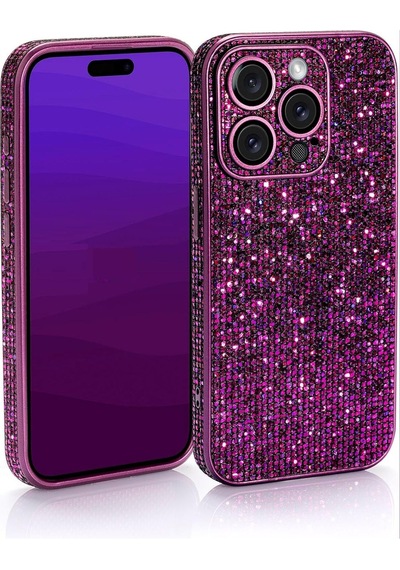 Caş Dekorasyon Mor Renk Taşlı 15 Pro Max Telefon Kılıfı Mor