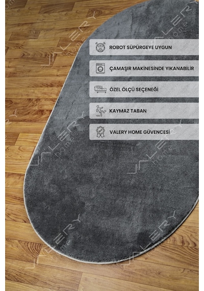 Comfort Ponpon Saçaklı Peluş Halı Antrasit Antrasit Overloklu Oval