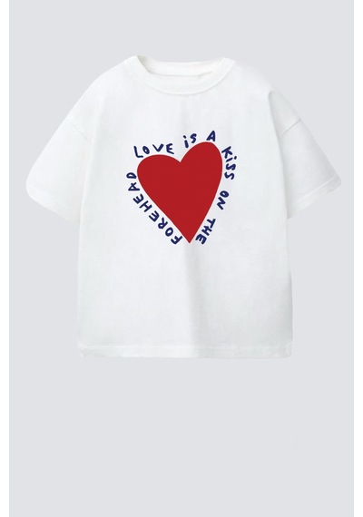 Monila Kız Çocuk Kalp Baskılı Pamuklu T-shirt Ekru
