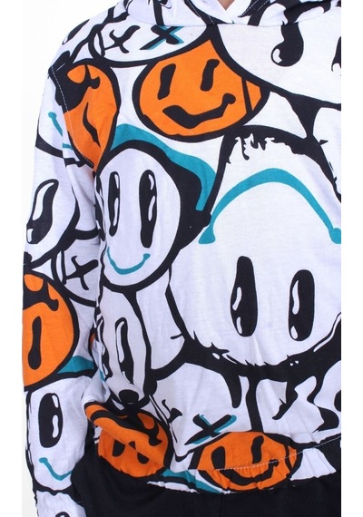 Panios Kids Emoji Desenli Kapüşonlu Unisex Sweatshirt 2 İplik Turuncu