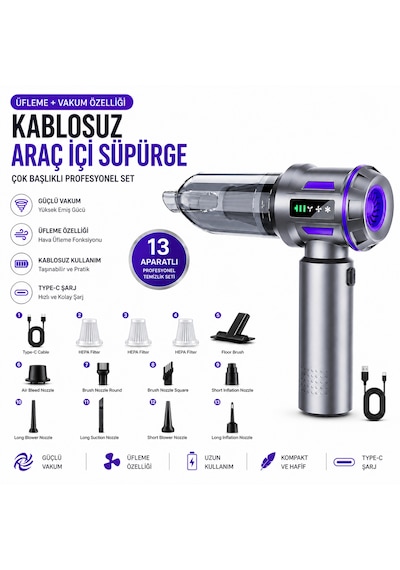 Kablosuz Araç İçi Süpürge 18000pa Güçlü Vakum Üflemeli 13 Aparatlı Type-c Şarjlı El Süpürgesi Gümüş