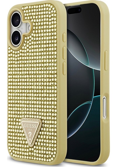 Apple Uyumlu iPhone 17 Kılıf Guess Lisanslı Taşlı Arka Yüzey Üçgen Logolu Kapak Gold