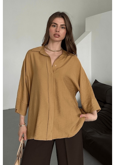 Paw Garage Kadın Evelyn Vizon Oversize Gömlek, Keten Ayrobin Ön Patlı Gömlek Vizon