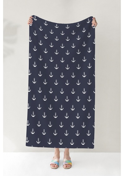 Çapa Marine Lacivert Plaj Havlusu - Nautical Minimalist Beyaz Hızlı Kuruyan Mikrofiber Havlu Eski Armut