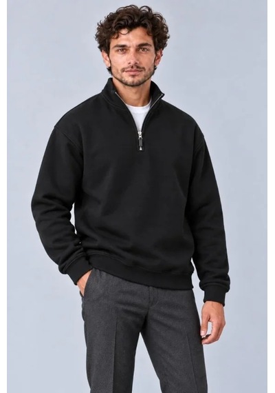 Erkek Üç İplik İçi Şardonlu Dik Yaka Yarım Fermuarlı Kışlık Sweatshirt - Siyah