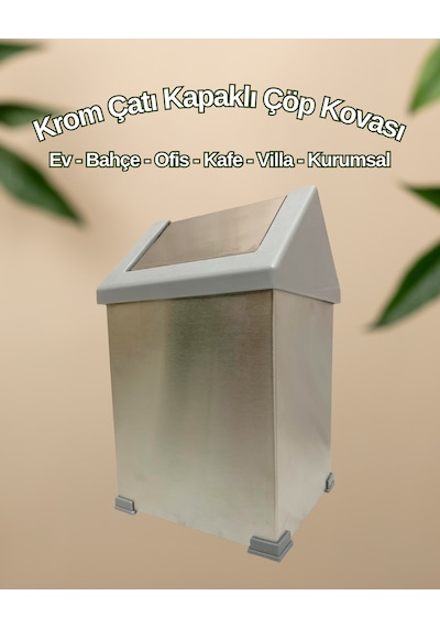 Krom Sallanır Çatı Kapaklı Çöp Kovası 6 Lt Krom