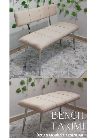 Özcan Metal Krom Metal Ayaklı Bench Sırtlı Mutfak Salon Antre Yatak Odası Puf Bank Oturak Takımı Bej
