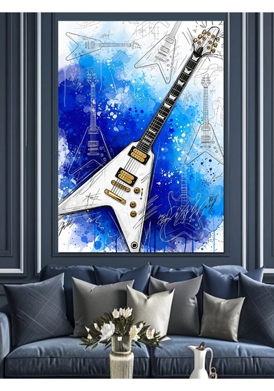 Ahşap Tablo Fly Kasa Elektro Gitar Ve Mavi Arka Fon