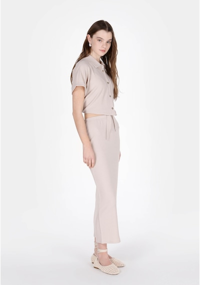 Colins Regular Fit Shirt Neck Jakarlı Kadın Bej Kısa Kol Tişört Cl1074598 Q1.v1 Lbg Lıght Beıge Açık Bej