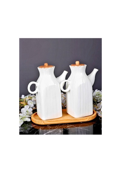 2'li Ahşap Standlı Kare Porselen 1000ml Yağlık&sirkelik 3'lu Yağdanlık Set Beyaz Beyaz