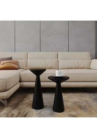 Ahşap 2 Li Set Fitilli Mantar Yan Sehpa Modern Fiskos / Çiçeklik / Zigon Sehpa Siyah