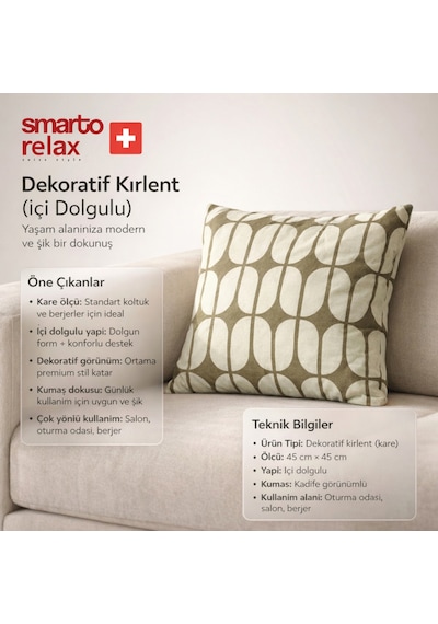 Smarto Relax Içi Dolgulu Kırlent 45x45 Cm Kare Salon & Berjer Kırlenti - Smr-kır-029 Beyaz - Kahverengi