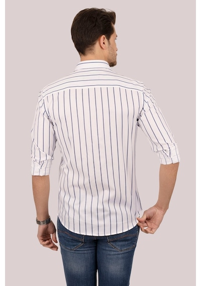 Etikmen Beyaz Lacivert Çizgili Slimfit Hediye Kutulu Erkek Gömlek 001