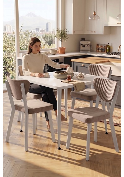Estro Serisi Mdf Sabit 90x90 Beyaz Mutfak Masası Takımı 4 Adet Sandalye Beyaz Masa Cappucino Sandalye Estro Serisi Mdf Sabit 90x90 Beyaz Mutfak Masası Takımı 4 Adet Sandalye Beyaz Masa Cappucino Sandalye