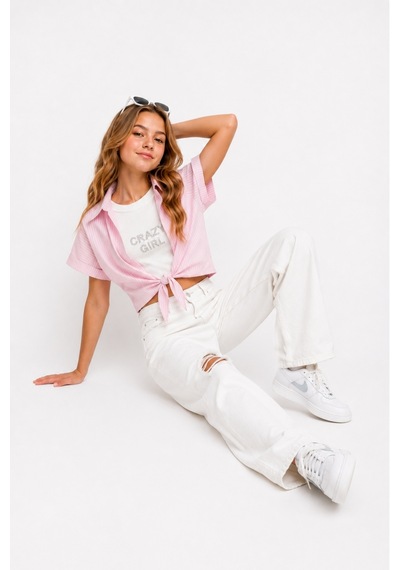 Ahengim Kız Çocuk Basic Çizgili Badili Gömlek Takım Ak2617 Pembe