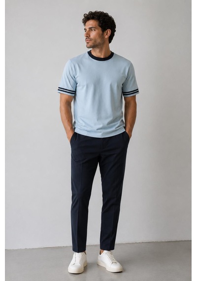 Alexandergardi Şerit Detaylı Kontrast Yaka Basic T-shirt Açık Mavi