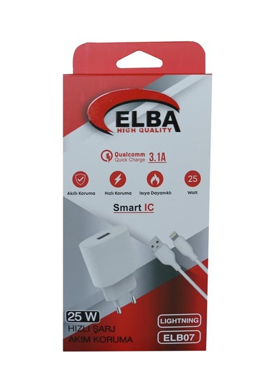Elba Elb07-usb-25wıos Beyaz 25w Usb Ev Şarj Kafa+ Usb 1mt Lightning Kablo Qc4.0 Hızlı Şarj