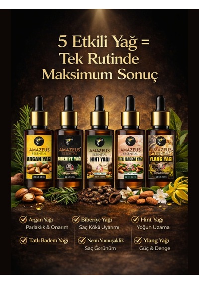 Amazeus Hızlı Uzama & Dökülme Karşıtı 7'li Bitkisel Yağ Seti Argan, Biberiye, Tatlı Badem,hint,ylang Ylang