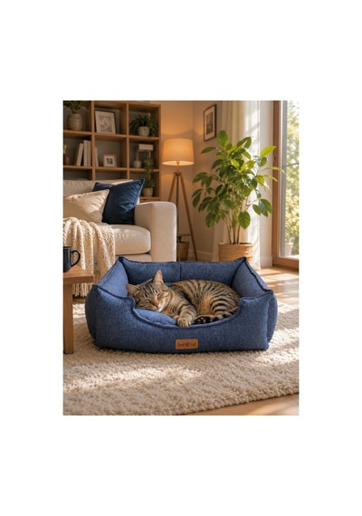 Premium Kedi Ve Köpek Yatağı Kafa Destekli Kaydırmaz Taban Yıkanabilir Fermuarlı Çift Taraflı Minder %100 Boncuk Elyaf Lacivert 1607705368