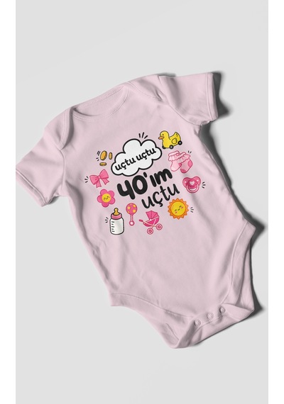 Morivokids Uçtu Uçtu 40'ım Uçtu Kısa Kollu Bebek Body %100 Pamuk Bebe Pembe