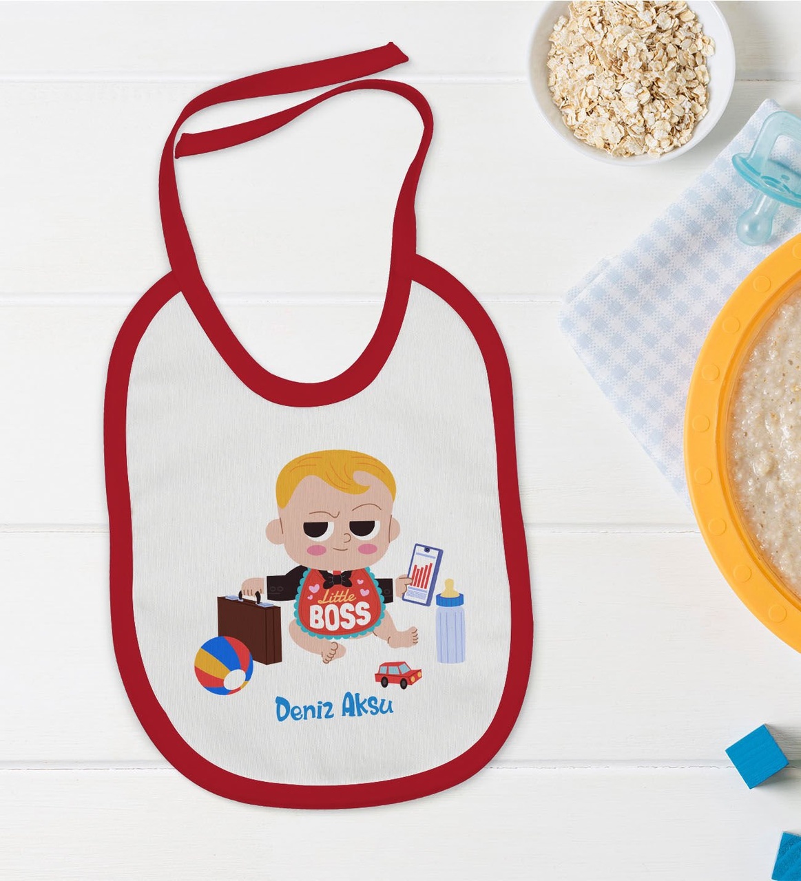 BK Kids Kişiye Özel Little Boss Tasarımlı Kırmızı Bebek Mama Önlüğü Kırmızı