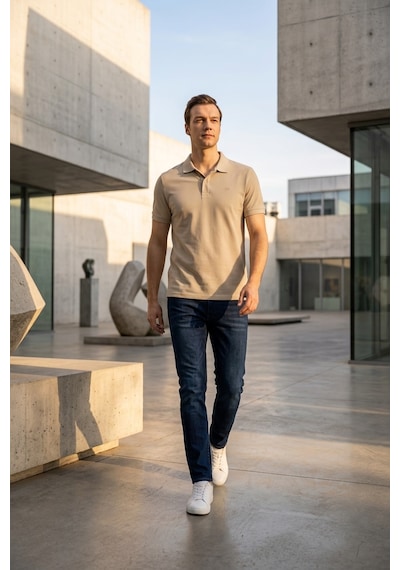 Süvari Slim Fit Düz Baskısız Pike Düğmeli Polo Yaka Nefes Alabilen T-shirt Bej