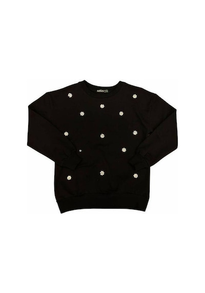 Kız Çocuk Pamuklu İnci İşlemeli İnce Sweatshirt-15007 Siyah