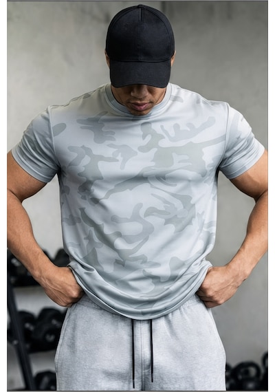 Serablanka Erkek Nem Emici Hızlı Kuruma Atletik Teknik Kamuflaj Desenli Spor T-shirt Gri