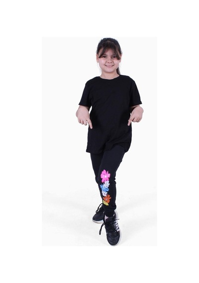 Fyk Kids Desenli-renkli Kız Çocuk Eşofman Altı Siyah