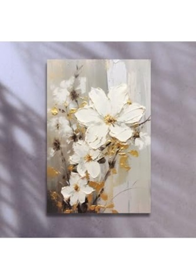 Tekli Dikey Kanvas Salon Tablosu Yağlı Boya Görünümlü Beyaz Çiçek, 30 X 40 -