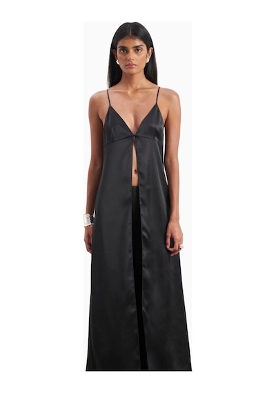 Because Of Alice Satin V Neck Longline Camisole Parlak V Yaka Saten Kadın Bluz Siyah