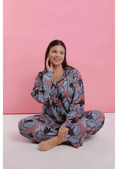 Kadın Büyük Beden Somon Yaprak Desenli Düğmeli Pijama Takımı Somon