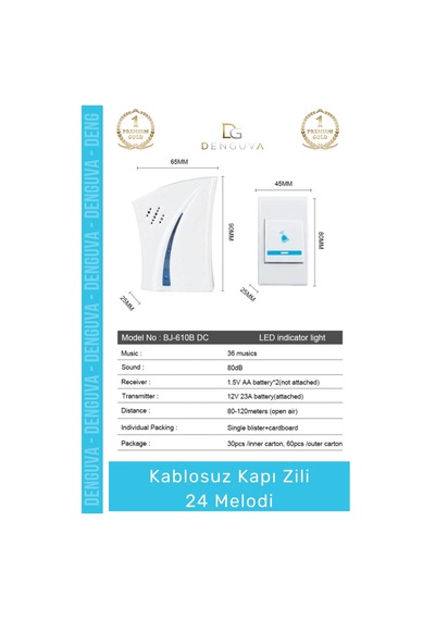 Kapızili 100 Metre Menzilli Pratik Kolay Kurulum Kaliteli Pilli Şık 24 Melodi Kablosuz Kapı Zili