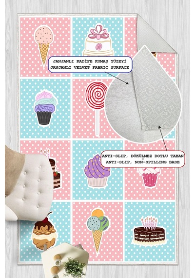 Cupcake Dondurma Desenli Baskılı Kaymaz Yıkanabilir Mutfak Halısı Yolluk Çok Renkli