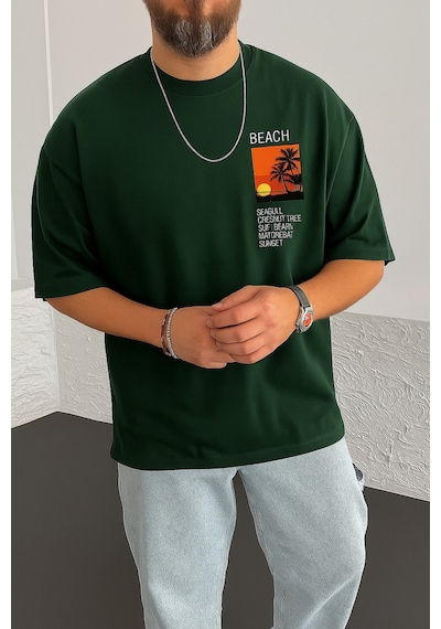 Beach Baskılı Oversize Unisex Tişört Yeşil