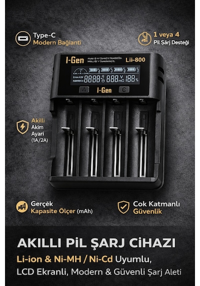 I-gen G428 4'lü 18650 Li-ıon Akıllı Pil Şarj Aleti + 4 Adet 18650 2000mah 3c 3.7v 7.4 Wh Li-ıon Pil Seti