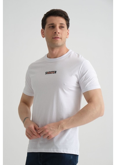 Shooter Sportwear Shooter Erkek T-shirt Minimal Baskılı Pamuklu Kumaş Standart Kalıp Beyaz