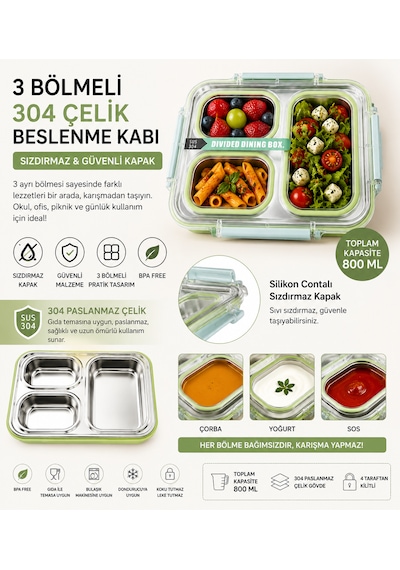 Muzeko Diyet, Beslenme Kabı Mzk4003 Sızdırmaz Kapaklı Metal 3 Bölmeli Lunch Box Beslenme 800ml 304çelik Açık Yeşil