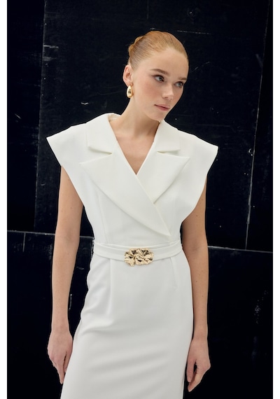 Sateen Aksesuar Detaylı Maxi Elbise - Ekru-137077 Ekru