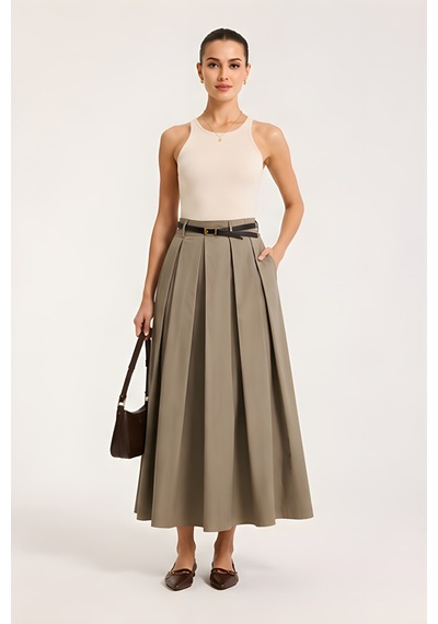 Lili Woman Kadın Urban Pleat Kemer Detaylı Midi Paraşüt Etek P.2962 Yeşil
