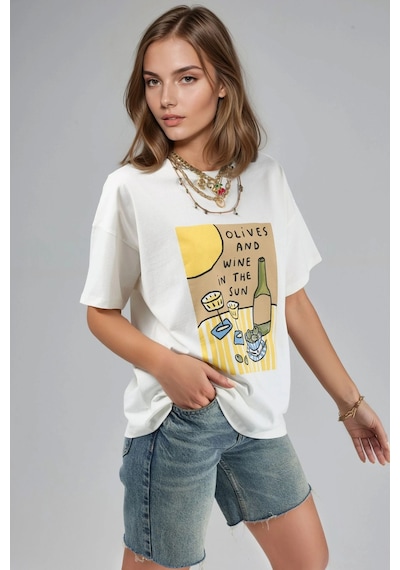 Hiccup Baskılı Oversize Tişört Beyaz