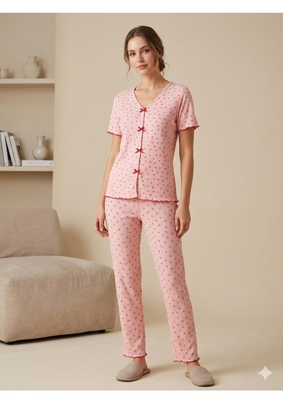 Sleeproom Yazlık Pembe Kiraz Desenli Kısa Kol Penye %100 Pamuk Pijama Takım Pembe Kırmızı Kiraz