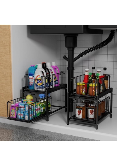 Çok Amaçlı 2 Raflı Raylı Sepet Düzenleyici Banyo Mutfak Lavabo Altı Dolap İçi Tezgah Üstü Organizer Siyah