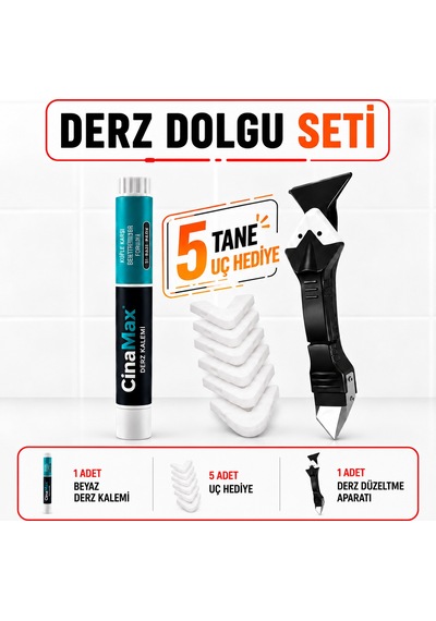Beyaz Derz Kalemi + 5 Uçlu Derz Kazıyıcı Seti Fayans Derz Yenileme Temizleme Aparatı