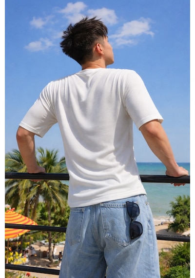 Tarz Cool Erkek Jakarlı Oversize Tişört Bisiklet Yaka Rahat Kalıp Yazlık Basic T-shirt Beyaz