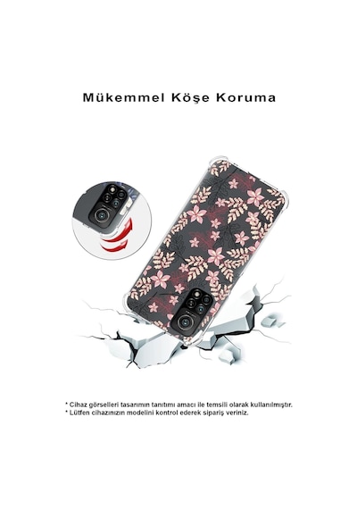Huawei Y9 Prime 2019 Uyumlu Köşe Korumalı Floral Kırmızı Tasarımlı Şeffaf Silikon Kılıf