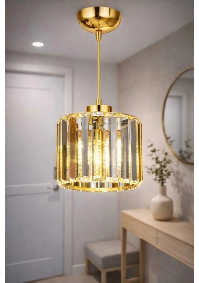 Bohem Aydınlatma Modern Gold Altın Kristal Sarkıt Avize Koridor Antre Uyumlu Şeffaf Kristal Cam Gold Altın Gold