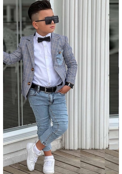 Riccotarz Erkek Çocuk Çizgili Blazer Ceket Kot Pantolon Füme Alt Üst Takım 001