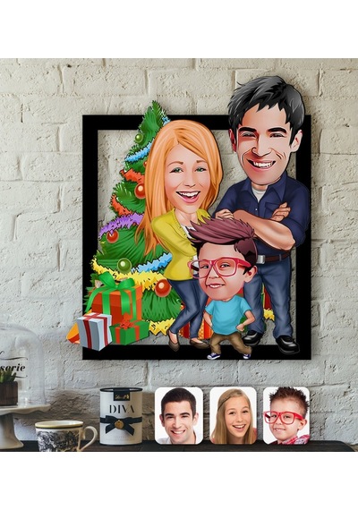 Kişiye Özel Yeni Yıl Aile Karikatürlü 3D Ahşap Tablo-3 (462902058)