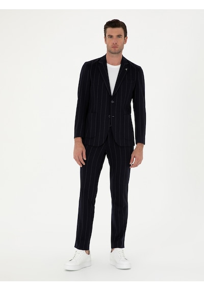 Cacharel Koyu Lacivert Slim Fit Yün Karışımlı Çizgili Pantolon